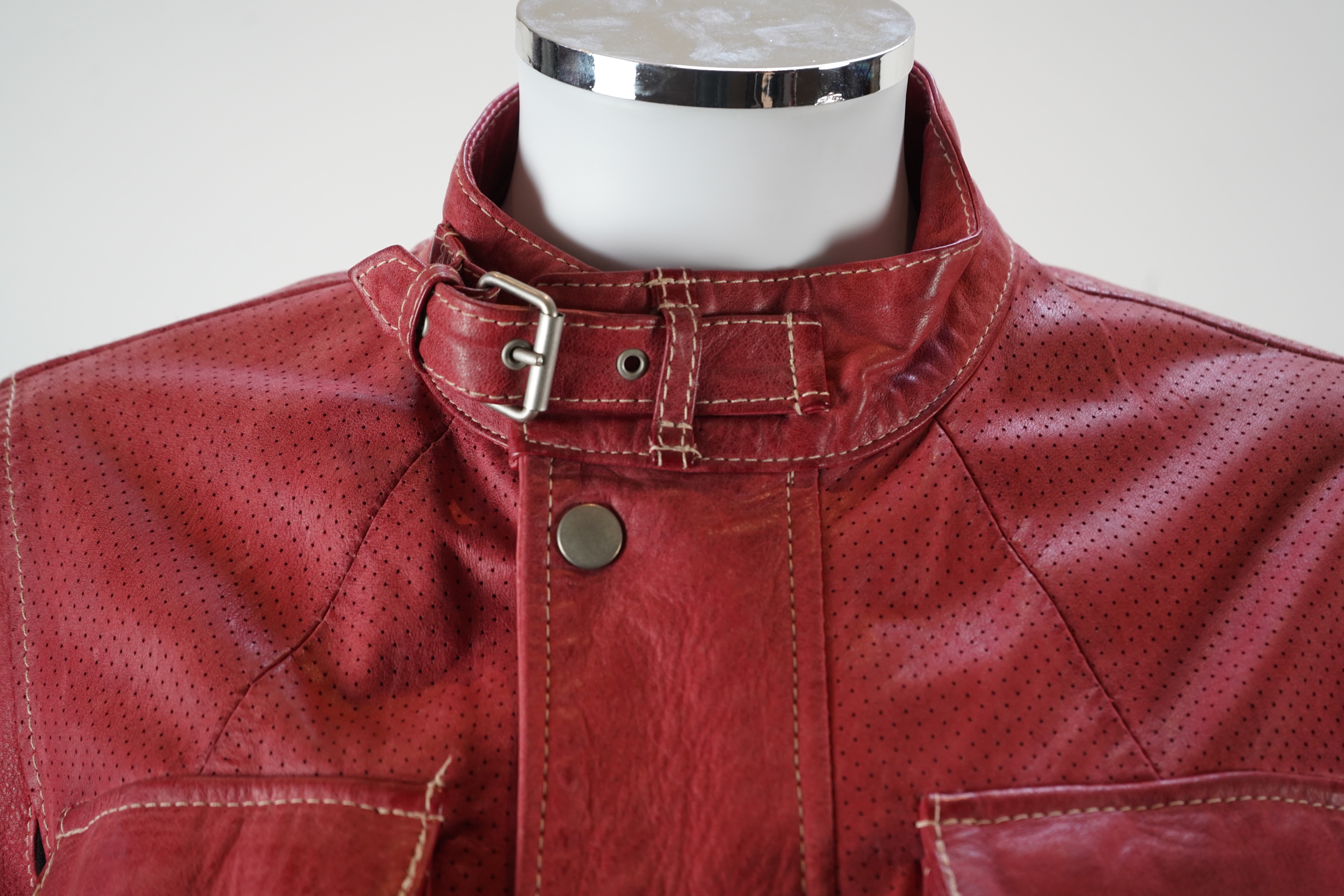 A vintage Belstaff lady's red biker leather jacket. EU 42